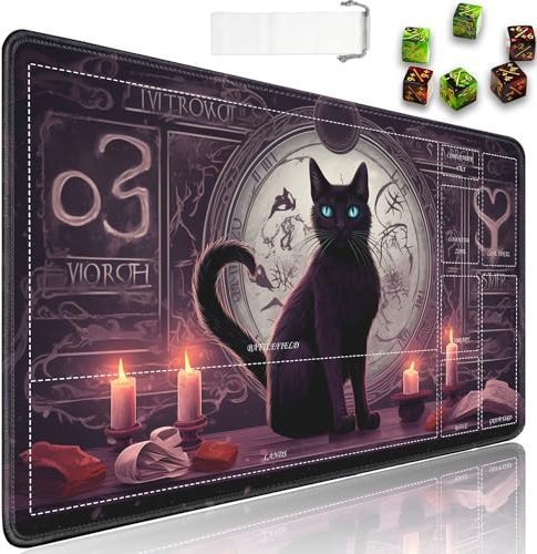 for MTG Playmat with Zones, 24 x 14 in Smooth Surface Card Game Playmat, for TCG Playmat with Storage Bag and 6 Dice, Black Cat Witch for MTG Mat Mouse Pad