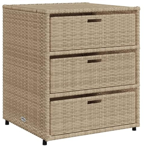 Rattanoptik Beistelltisch mit 3 Schubladen, Gartentisch Loungetisch Balkontisch Outdoor Garten Terrasse Tisch Gartenmöbel, Beige 55x59x69 cm