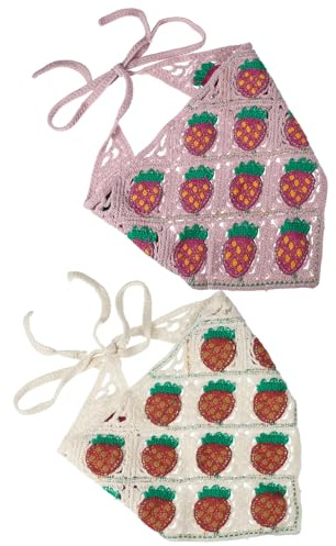 VOCOSTE Häkel-Bandanas Erdbeer-Muster 2 Stück Für Haarstyling-Dekoration | Länge ca. 52 cm, Breite ca. 26 cm, Riemenlänge 47 cm, Tägliche Verwendung, Partys, Cosplay