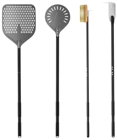 G.a HOMEFAVOR 4-Piece Pizza Tool Set, Pizza Oven Accessories, Pizza Kit | 12 × 15 Perforated Aluminum Pizza Peel, 9 Round Turning Peel, Pizza Oven Cleaning Brush, Ash Rake, for Pizza Lover