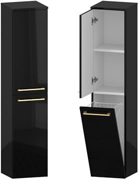 Furni Rosen Bad Hochschrank Schwarz mit Goldenen Griffen und Wäschekorb, Badschrank Hochschrank für Badezimmer, Badezimmer Hochschrank, Badezimmerschrank – Modernes Design & Raumwunder