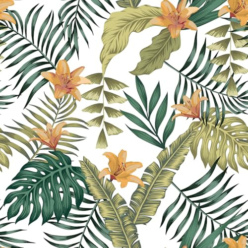 VaryFloral Blumentapete Palmblätter 30.5cmx300cm Möbelfolie Selbstklebend Tapete Beige Tapete Vintage Orangefarbene Blume Mustertapete Tropisch Klebefolie Wand Tapeten Zimmer Kabinett Schublade