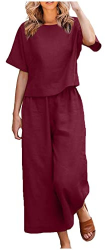 Einfarbiger Anzug für Damen, lockeres Baumwoll-Leinen-Hemd Hose, zweiteiliges Set Jumpsuit Damen Freizeit Anzug Damen Komplett