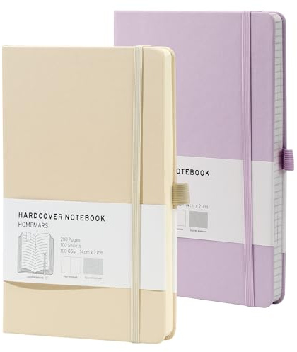 HOMEMARS Anteckningsbok, Journal, A5, Anteckningsbok, Prickig anteckningsbok A5, Bullet Dotted Journal Prickig 200 sidor, 100GSM, Hårt omslag, Pennhållare, Bokmärken, Elfenben Lila
