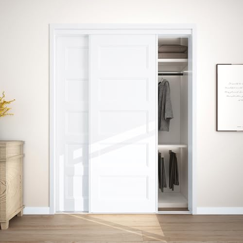 JUBEST Sliding Closet Door 60(Double 31) x80, 5-Panel Steel Frame Bypass Primed Door with Top & Bottom Track Kits, Preassembled Hardboard Panels with Paintable Surface, Durable & Sturdy