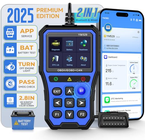 BingoHive Bluetooth OBD2 Scanner mit Batterietester, Überwachung & Lebensdauertest - Unterstützt die Fahrzeugdiagnose auf iPhone und Android, 2,8 Zoll großes Farbdisplay, TPU-Schutzhülle (Blau)