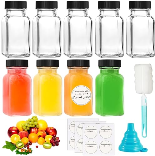 Nadisean 9Pcs 70ml Square Glass Shot Bottles with Lids, Leak-Resistant | Clear Ginger Shot Bottles Reusable, Glass Juice bottles with Lids, Brush, Funnel, Labels, for Juice Ginger Milk Spice, Travel