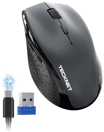 TECKNET PRO Rechargeable Wireless Mouse, 2.4GHz Computer Mouse, Grey | 800mAh rechargeable battery，6400 DPI,6 Adjustable Levels, Silent Click，6 Efficient Buttons，For Laptop/PC/Computer