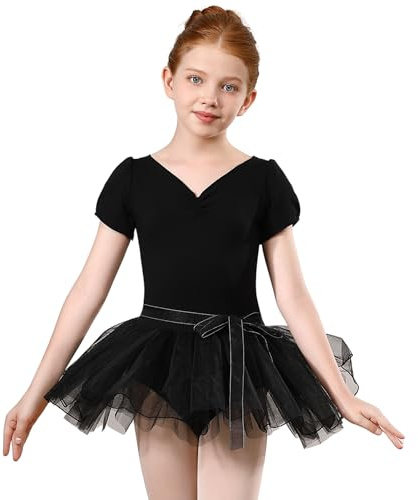 HIPPOSEUS Maillot de Danza para Niñas Tutú Vestido de Ballet con Cinturón Manga corta Gimnasia Leotardos, STD1-Negro,4-5 Años