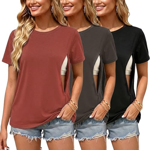 Love2Mi 3er Pack Stillshirt mit Verstecktem Reißverschluss Stillen T-Shirt | Atmungsaktive Material aus Baumwolle,Diskreter Stillreißverschluss, Stillen Mit Privatsphäre, Für Alltag Zuhause