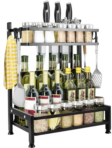 OUZHOU 2 Tier Spice Rack, Standing, Spice Rack, Kitchen Shelf, Worktop, Spice Rack Organiser, Carbon Steel Spice Rack, Black with Hooks, Spices Organiser for Kitchen, Cabinet, Bathroom