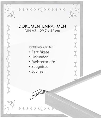 WANDStyle DIN A3 Bilderrahmen Aluminium, Urkundenrahmen Silber, Dokumentenrahmen zum Aufhängen, Meisterbrief Rahmen 30x42 cm, moderner Bilderrahmen A3 Alu, Diplom Fotorahmen H247 - Made in Germany