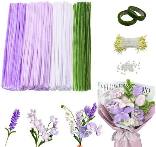 FIVAVA Pfeifenreiniger zum Basteln,500 Stück Pfeifenputzer Set 4 Farben,Pfeifenreiniger zum Basteln mit 300 Stück Staubgefäße,Blumendraht,Geschenkband für DIY Blumenstrauß Dekorationen (Violett)