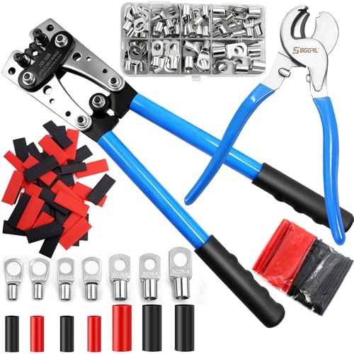 SBGGRL Battery Cable Lug Crimper Tool with Wire Shear Cutter Kit for 1/0,2,4,6,8,10 Awg Gauge Wire Lugs Crimping,80pcs Tinned Copper Ring Terminals and 100pcs Heat Shrink Tubing