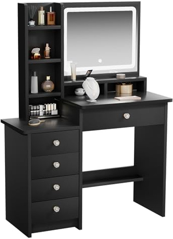 ZenkiHome Dressing Table with LED Mirror and Adjustable Lights, 90cm Black Vanity Desk