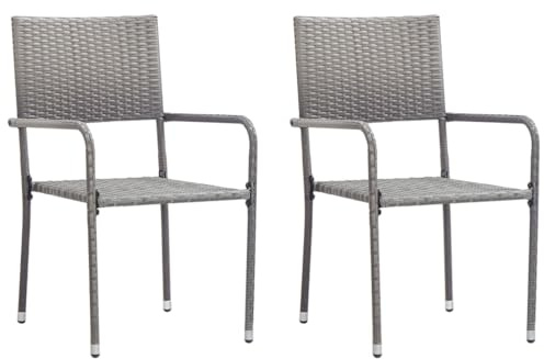 QZZCED Garten-Essstühle 2 STK. Stapelbar Grau Polyrattan Terrassenstühle Balkonstühle für Rasenflächen