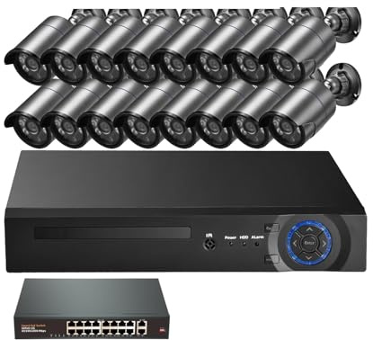Sistema di telecamere di Sicurezza Poe IP Bullet da 32 canali 8MP 4K for Esterni, Smart Home, Kit di sorveglianza CCTV con Registrazione H.265 NVR(None,16pcs 4MP Cameras)