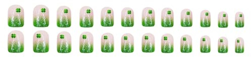 Lot de 24 faux ongles à presser en acrylique - Motif trèfle vert - Couverture complète pour la Saint Patrick - Manucure - Décoration de festival - Nail Art