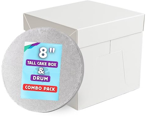 Pack N Trade Tall White Cake Box 8 Inch with 13mm Round Silver Drum – Durable 8×8×8″ Cake Box & Drum Combo – Ideal for Birthday & Wedding Cakes, Cake Decorators & Home Bakers