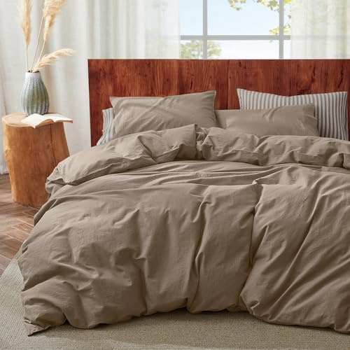 OnlySet 3Pcs Organic Linen Duvet Cover King Size, 100% French Linen from Normandy, Soft & Durable Brown Comforter Cover with 2 Pillowcases, 1 Duvet Cover with Zipper