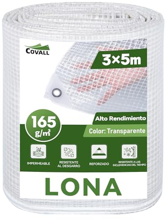COVALL Bâche Transparente Extérieur 3x5m Dimensions Finies, avec Oeillets, Haute Résistance 165 g/m² Armée, Imperméable, Idéale pour Serre, Jardin, Poulailler et Protection Balcon Contre la Pluie