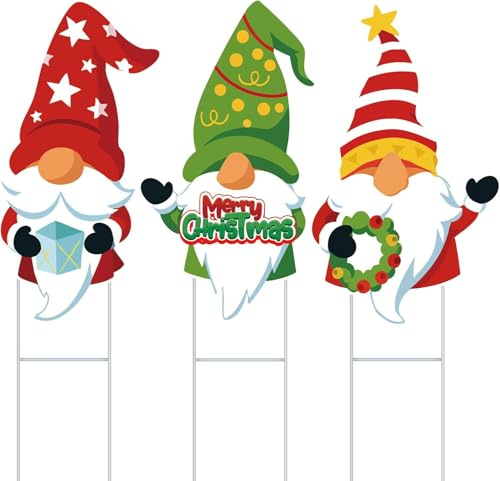 PANTSLINE 3 Pack Garden Metal Gnome Stakes, Metal Gnome Yard Signs Christmas Outdoor Decorations, Perfect Christmas Gnomes for Pathway and Lawn Easy to Assemble Outside