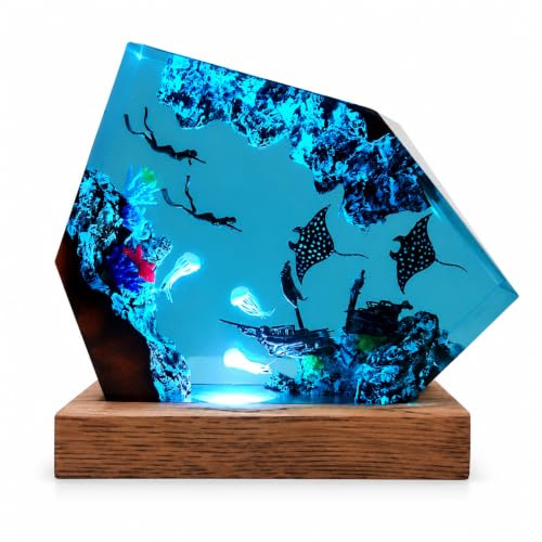 Drawelry 3D Meer Wal Hai Harz Nachtlichter Unterwasser Ornamente (E6) | Holzsockel, USB-Kabel, Ozean Szene, Epoxidharz Lampe,Heim Büro Deko,Weihnachten Geburtstag Geschenke