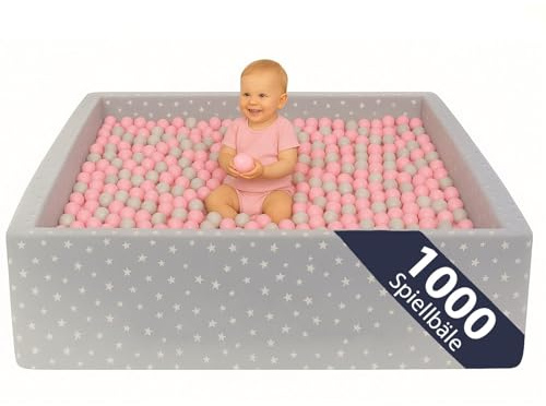 Bällebad Kinder 120x120 cm – XXL Stoffbecken mit 1000 Bällen Ø 7 cm in Blau, Grau & Weiß – Weiches Indoor Spielbällebad mit Baumwollbezug & PU-Schaum