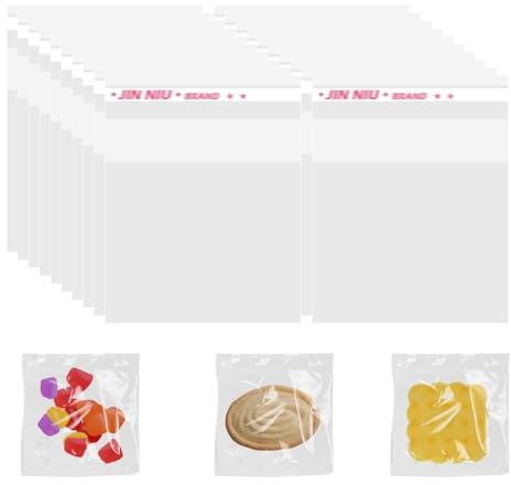 100 Sachets en Cellophane Réutilisables, Transparents et Autocollants, Petits Sachets pour Biscuits, Bonbons, Bijoux, Cadeaux et Barrettes (7x7 cm)