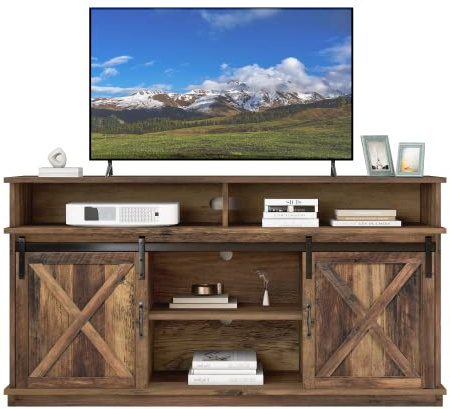 Merax TV Schrank im Landhausstil, Lowboard für bis zu 65 Zoll Fernseher, TV Board mit Schiebetüren, 8 Stauraumfächer, höhenverstellbare Regale, Wohnzimmer Möbel, Rustikales Design
