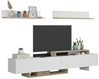 Miroytengo Mueble de TV, Mueble de salón 200 cm Orlis Comedor 2 Puertas Abatibles, 2 Estantes Pared Blanco Mate y Roble Artesano