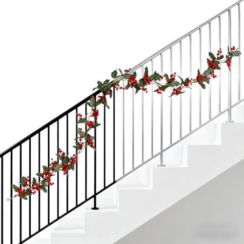 Beerengirlande Rot Deko, 1,74 M Rote Beeren Deko weihnachtens Zweig, Stechpalme Künstliche Weihnachtsgirlande, Girlande weihnachtens Mit Grünen Blättern Beeren, Weihnachtsdekorationen Für Außen Innen