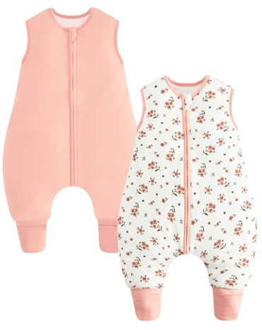WYTbaby Schlafsack mit Füßen 1.5 Tog 2er Pack Baby Schlafsack 100% Baumwolle Ärmellose Ganzjahres Schlafsack mit Beinen für Jungen Und Mädchen,Blume + Rosa 80CM