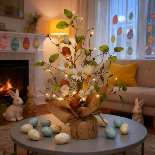 Decorazione pasquale albero di Natale, luci a LED, albero di Pasqua, decorazione pasquale, albero con catena luminosa a LED, con uova di Pasqua, decorazione artificiale, per interni, funzionamento a