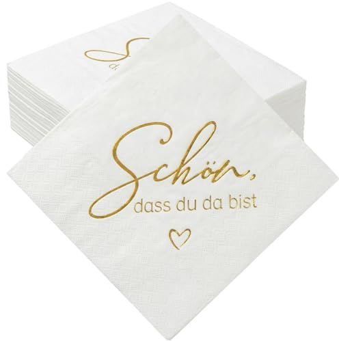 COMOOKA 50 Stück Schön dass du da bist Servietten Geburtstag Weiß | Papierservietten Hochzeit, Geburtstagsservietten 2-lagig, Tischdeko für Geburtstag, Hochzeit, Taufe, Kommunion, Konfirmation