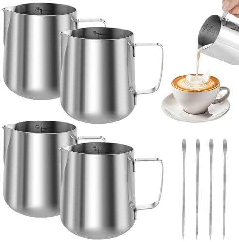 4 Pack Milk Frother Jug,350ml/12oz 304 Stainless Steel Milk Pitcher Cup,Coffee Jug Pitcher with Measurement Mark and 2Pcs Decorating Pen for Making Latte Art