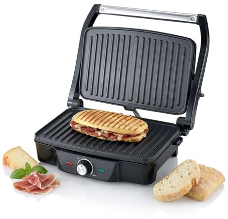 Melissa Panini Prensa y parrilla de mesa, tostadora eléctrica de 1600 W con apertura de 180 grados, bisagra flotante, placas antiadherentes, acero inoxidable/negro