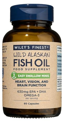 Wiley's Finest Easy Swallow Minis, 60 Softgels (30 Servings) | Mini Omega-3 Softgels with 630mg EPA & DHA for Adults & Kids, Wild Alaskan Source