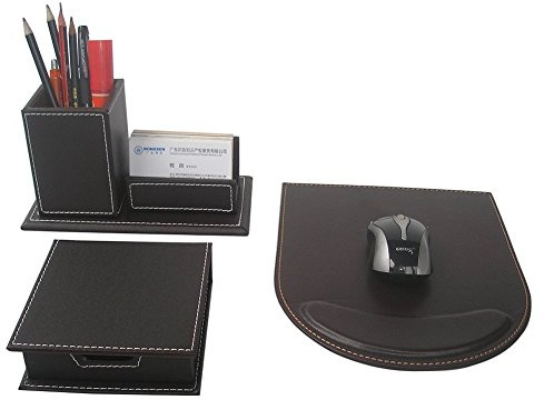 KINGFOM 3pcs Leder büro Schreibtisch Set- Inklusive Mauspad,Stifthalter mit Visitenkartenhalter und Zettelbox (T48-3-Braun)