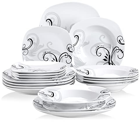 VEWEET ZOEY Servizio di Piatti in Porcellana Servizio Combinati per 6 Persone Stoviglie 18 Pezzi con 6 Piatti Piani 25,1 cm, 6 Piatti Fondi 340 ml e 6 Piatti da Dessert 19 cm, Motivo Fiori di Vite