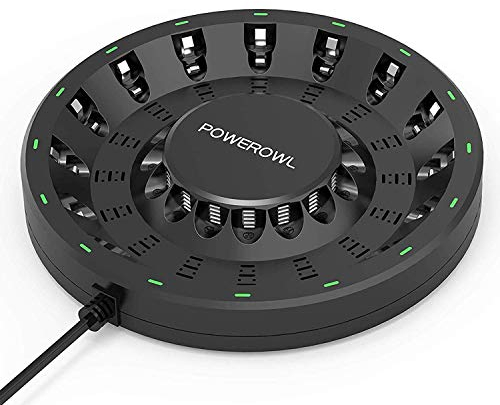 POWEROWL Caricabatterie 16 Slot Indipendente per Pile Ricaricabili Stilo e Ministilo con Luce e spina LED intelligenti, per Batterie Ricaricabili AA AAA NIMH NICD