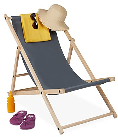 Relaxdays Liegestuhl Holz, Holz Strandliege mit Stoffbezug, dunkelgrau | klappbar & verstellbar, Garten, Strand & Balkon