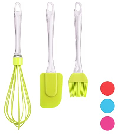 Relaxdays Set de utensilios de repostería, Pincel, Batidor & Espátula, Accesorios de silicona, 1 Pack, Verde