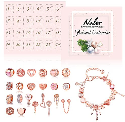 Naler Calendrier de l'Avent Bijoux 2025 Femme Fille Enfant Advent Calendar avec Bracelet Chaîne Perles Alliage DIY Cadeau Noel Ado Fille 6 7 8 9 10 11 12 Ans Rose Doré
