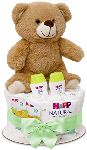 MilaBoo® Grün Windeltorte Neutral mit kuscheligen kleinen Teddybär I hochwertiges Neugeborenen Geschenk mit Windeln und Produkten I persönliches Babygeschenk zur Geburt