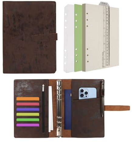 Wonderpool A5 Leder Ringbuch Tagebuch Notizbuch Organizer Ordner - Nachfüllbar Gepunktetes Papier und Multi Taschen für Business Studium Reisen (A5, Kaffee)