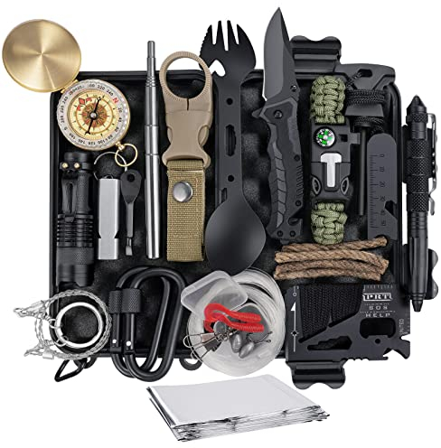 20 in 1 Survival-Kit Notfall Survival Ausrüstung mit Camping Zubehör, Survival Outdoor Ausrüstung mit Kompass Feuerstein für Camping Abenteuer Wandern, Personalisierte Geschenke für Vater Männer Papa