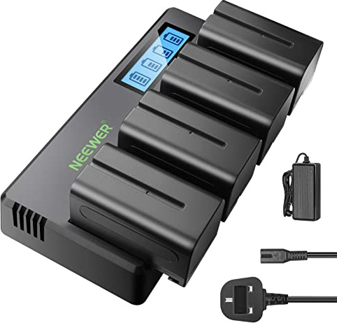 Neewer 4 Packs NP-F750 Replacement Batteries 7.4V 5600mAh with 4 Channel Battery Charger & Power Adapter, Compatible with NP-F550/750/770/970 FM500H QM71D QM91D, Field Monitor, Video Light