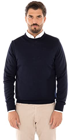 Maglione Uomo Invernale in Lana Merinos Made in Italy Pullover Girocollo Regular Fit (as6, Alpha, m, Regular, Regular, Blu, M)