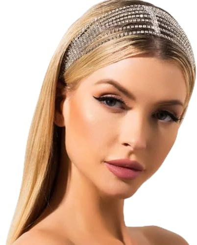 NICENEEDED Argent Strass Tête Chaîne, Bandeau en Cristal Élastique Multicouche pour Femme, Bandeau de Mariée Sur le Front Bijoux de Cheveux de Bal pour Femmes et Filles